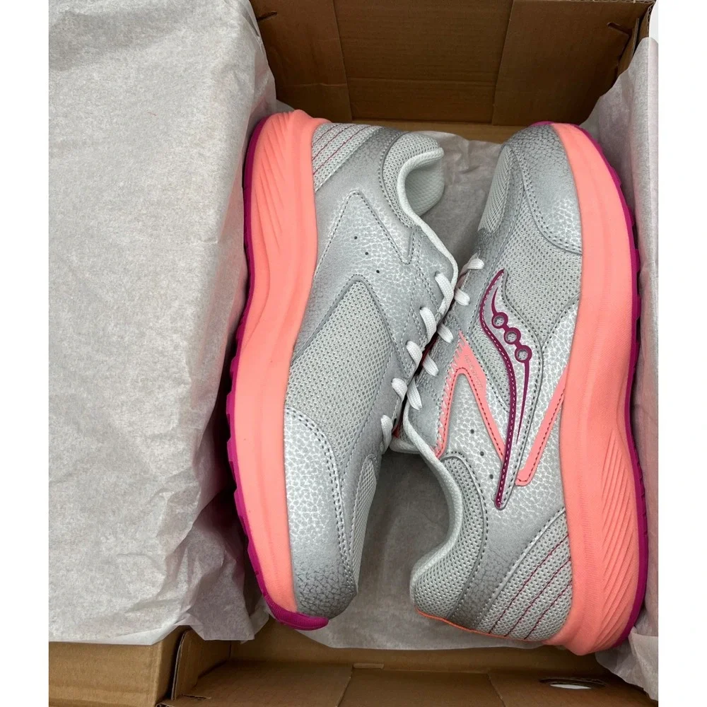 Saucony Cohesion Youth Girls Running Shoe Size 7 (Fits like 6) Wide Silver Coral